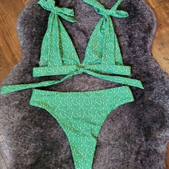 New Green Print V-plunge Triangle Bralette Bikini Set Swimsuit Size L - Picture 6 of 7